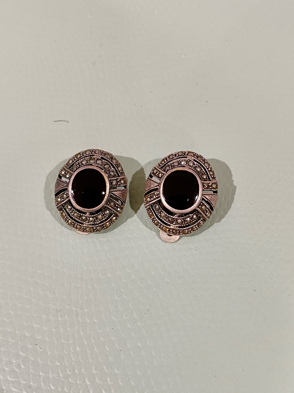 Vintage Sterling Silver Black Onyx Oval Clip on Stud Earrings